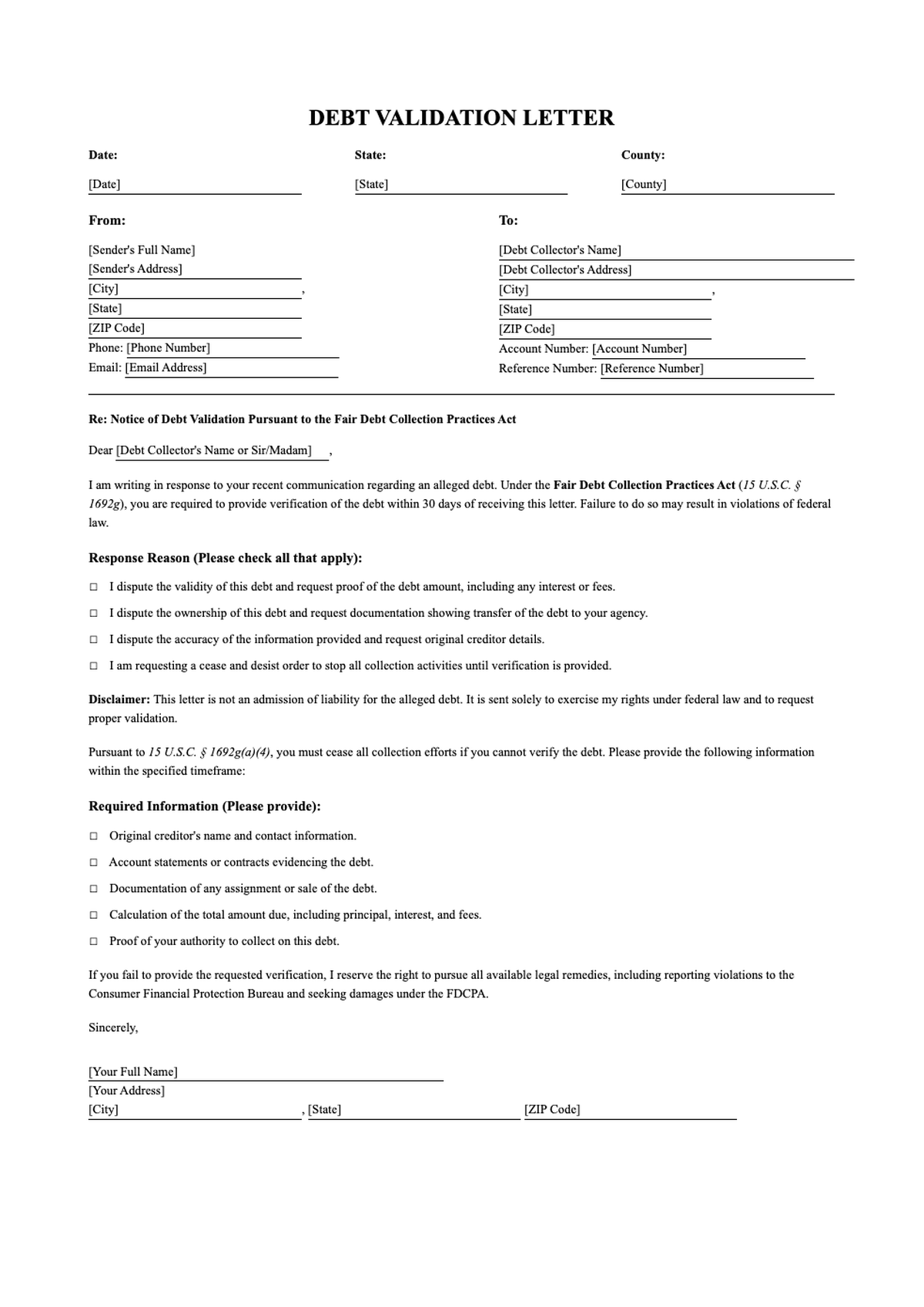 Lawyer crafted debt validation letter template with FDCPA compliance fields_variant_3